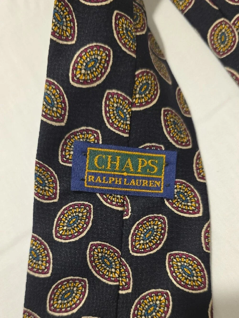 Ralph Lauren Vintage Silk Navy Tie with Gold and Red Medallion Motif